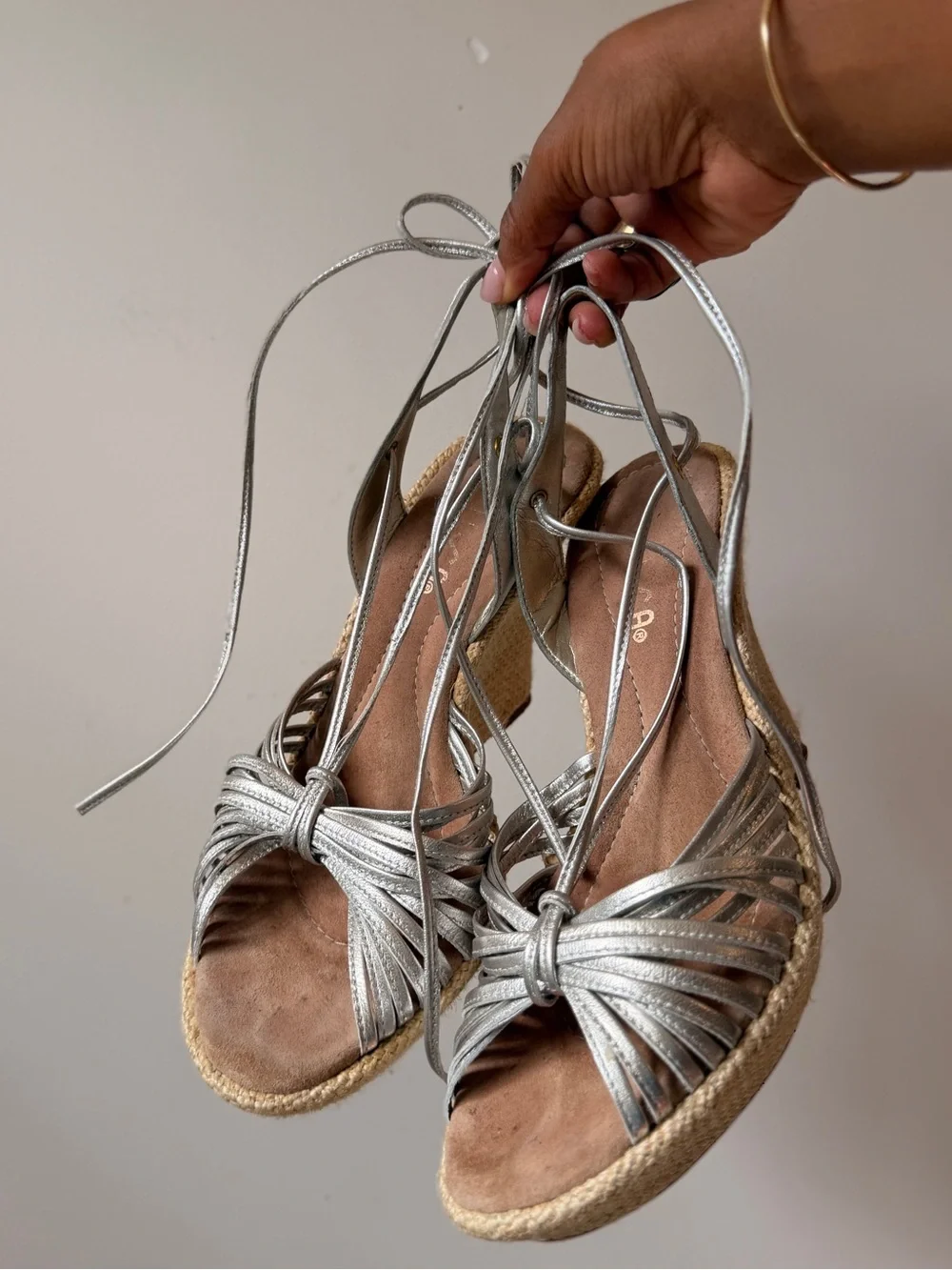 Unisa Silver Espadrille Wedge Lace-Up Sandals